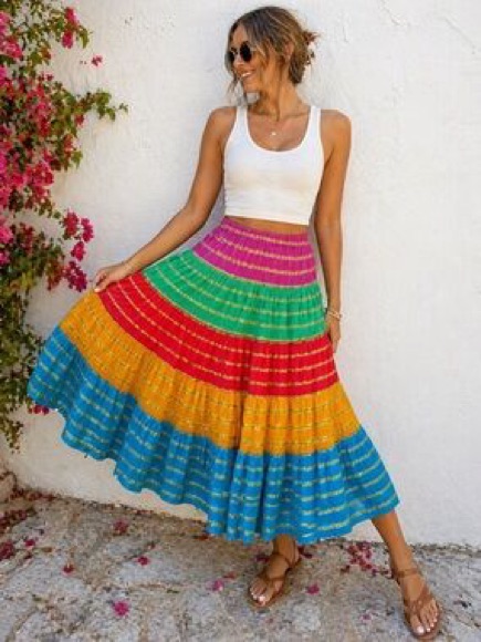 Ralph Lauren Tiered Maxi Skirt With Purple Green Stripes